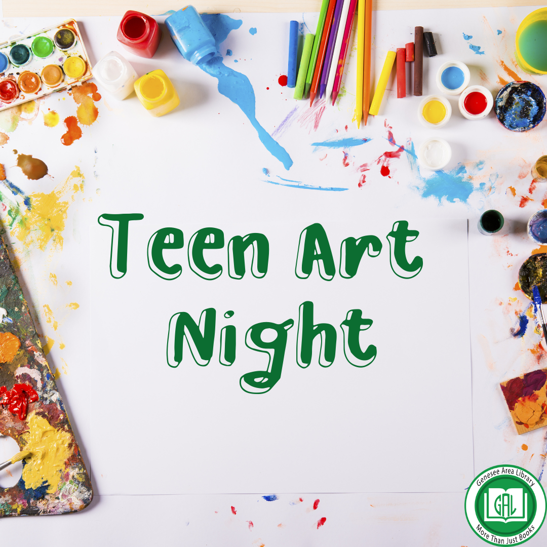 various colorful paint supplies on a white background. The words Teen Art Night in the center.